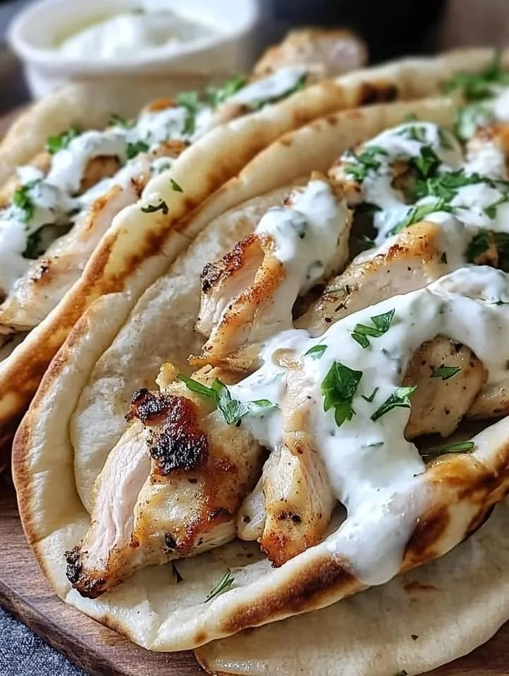 Delicious Grilled Greek Chicken Gyros with fresh veggies and tzatziki sauce