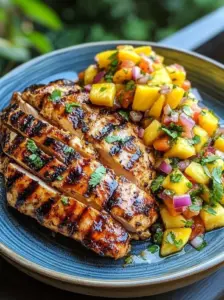 Grilled lemon ginger chicken served with salsa on a plate