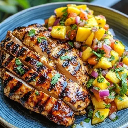 Grilled lemon ginger chicken served with salsa on a plate