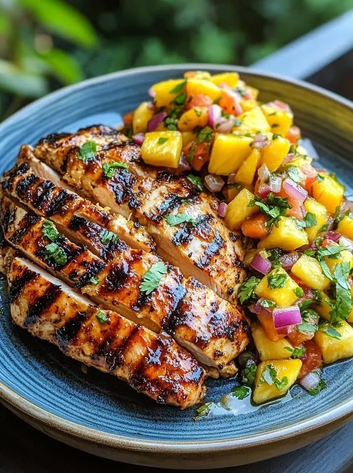 Grilled lemon ginger chicken served with salsa on a plate