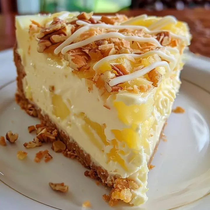 Heavenly pineapple coconut white cheesecake topped with coconut flakes and pineapple pieces.