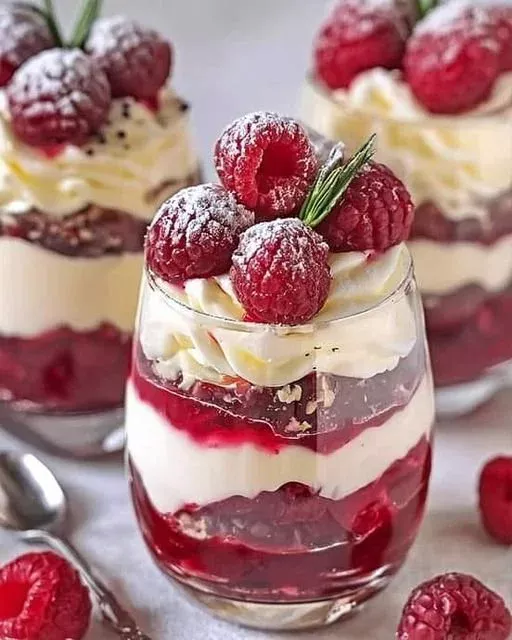 Heavenly Raspberry White Chocolate Parfait with fresh raspberries and creamy layers