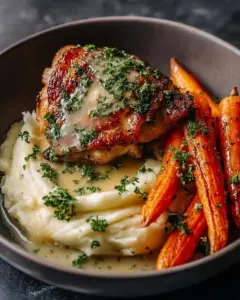 Delicious herb-roasted chicken served with creamy gravy on a plate.