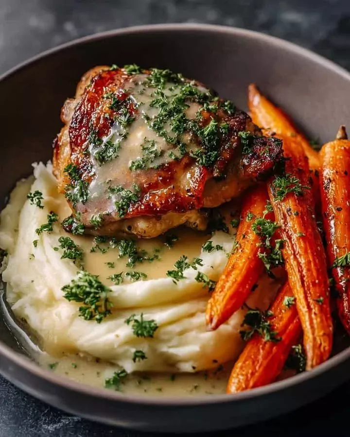 Delicious herb-roasted chicken served with creamy gravy on a plate.