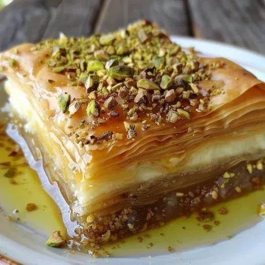 Delicious Honey Pistachio Cheesecake slice topped with pistachios and honey drizzle