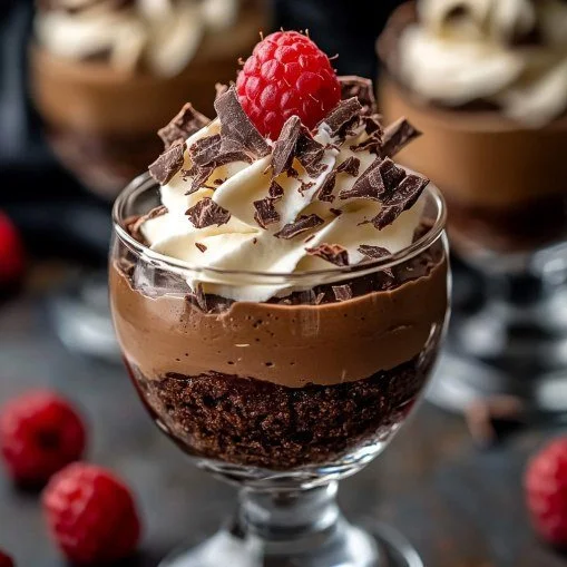 Layered chocolate cheesecake parfaits topped with chocolate shavings