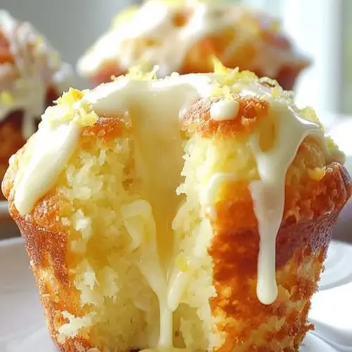 Delicious lemon cream cheese muffins with a golden crust and zesty lemon flavor
