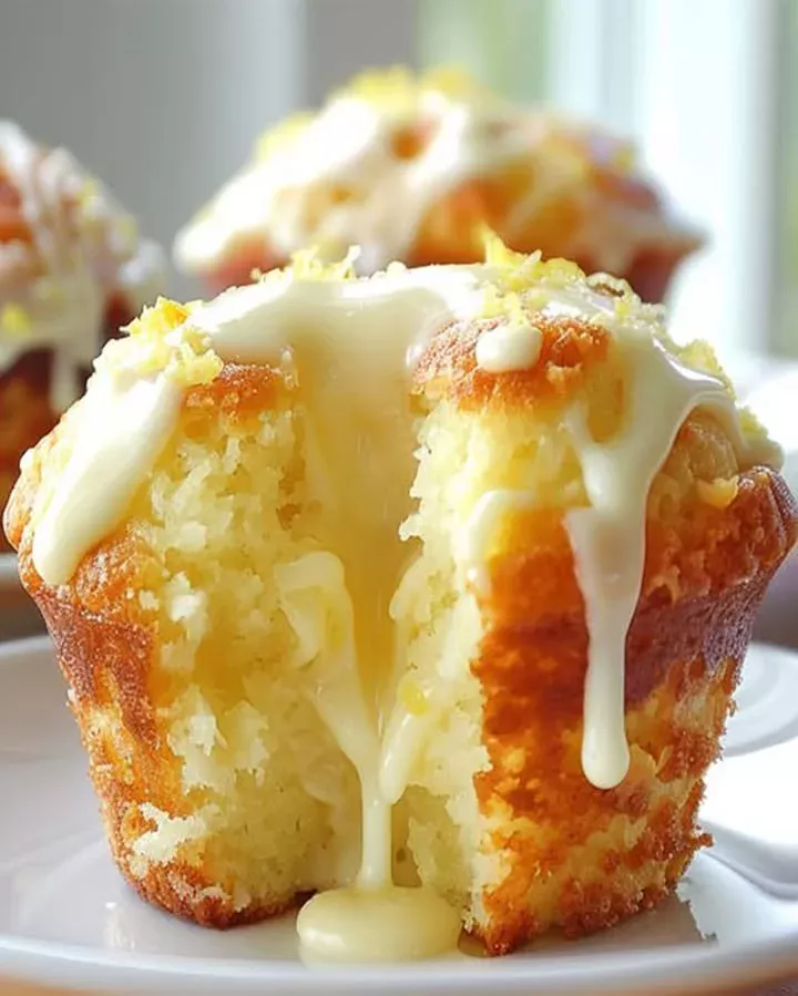 Delicious lemon cream cheese muffins with a golden crust and zesty lemon flavor
