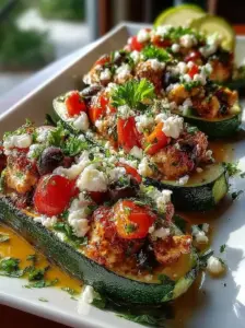 Lemon-herb chicken and feta stuffed zucchini boats on a plate