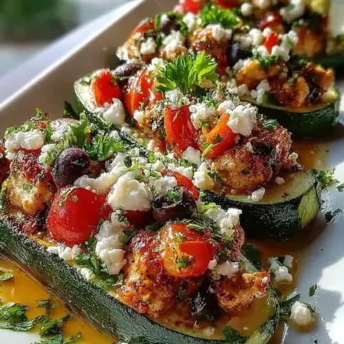 Lemon-herb chicken and feta stuffed zucchini boats on a plate