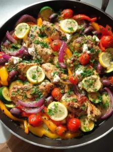 Lemon Infused Mediterranean Chicken Skillet served in a cast iron pan