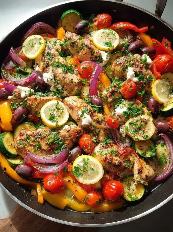 Lemon Infused Mediterranean Chicken Skillet served in a cast iron pan