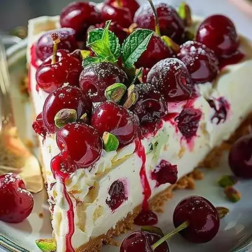 Lemon-Lime Cherry Pistachio Cheesecake with vibrant toppings