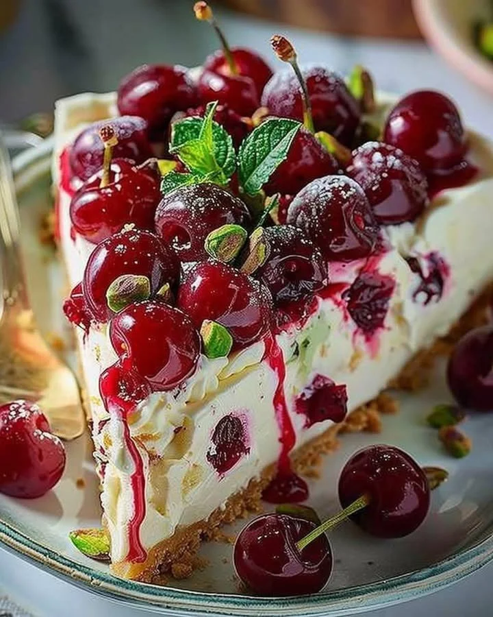 Lemon-Lime Cherry Pistachio Cheesecake with vibrant toppings