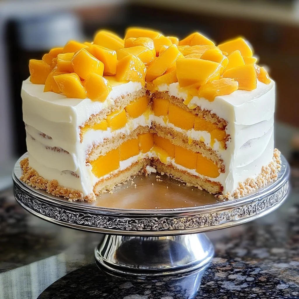 Delicious Mango Swirl Cheesecake Fusion topped with fresh mango puree.