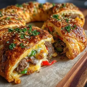 Melted cheese steak ring served in a dish, showcasing gooey cheese and steak fillings