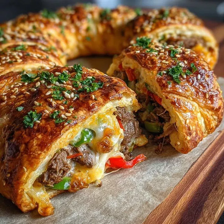 Melted cheese steak ring served in a dish, showcasing gooey cheese and steak fillings