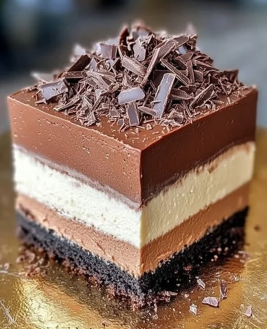 Triple chocolate mousse cake with layers of creamy chocolate delight