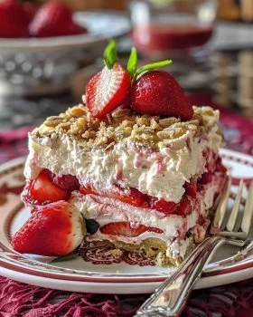No-bake strawberry cheesecake lasagna dessert with layers of cheesecake and strawberries.