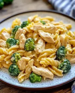 One-pot creamy chicken pasta with broccoli served in a bowl