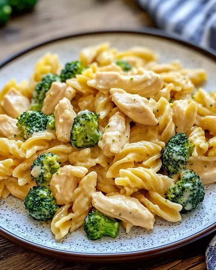 One-pot creamy chicken pasta with broccoli served in a bowl
