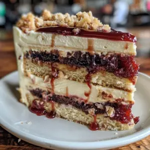 Peanut Butter Jelly Cheesecake layered cake with a creamy topping