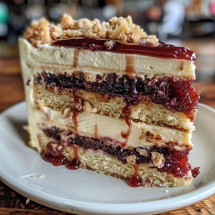 Peanut Butter Jelly Cheesecake layered cake with a creamy topping
