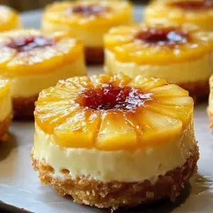 Pineapple upside-down mini cheesecakes topped with cherries and pineapple slices