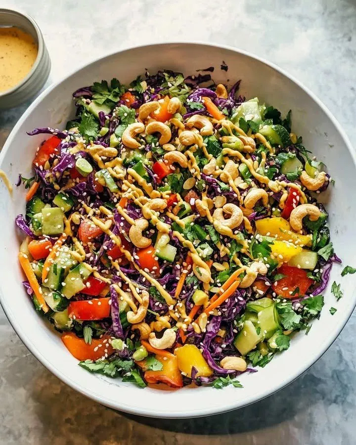 Vibrant Rainbow Veggie Salad with Toasted Cashews and colorful fresh vegetables