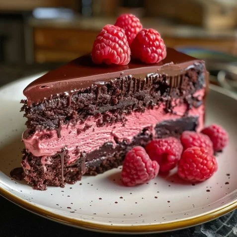 Delicious Raspberry Chocolate Mousse Cake topped with fresh raspberries and chocolate shavings.