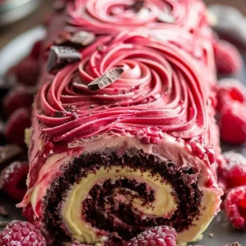 Raspberry White Chocolate Roll Cake with fresh raspberries and creamy topping