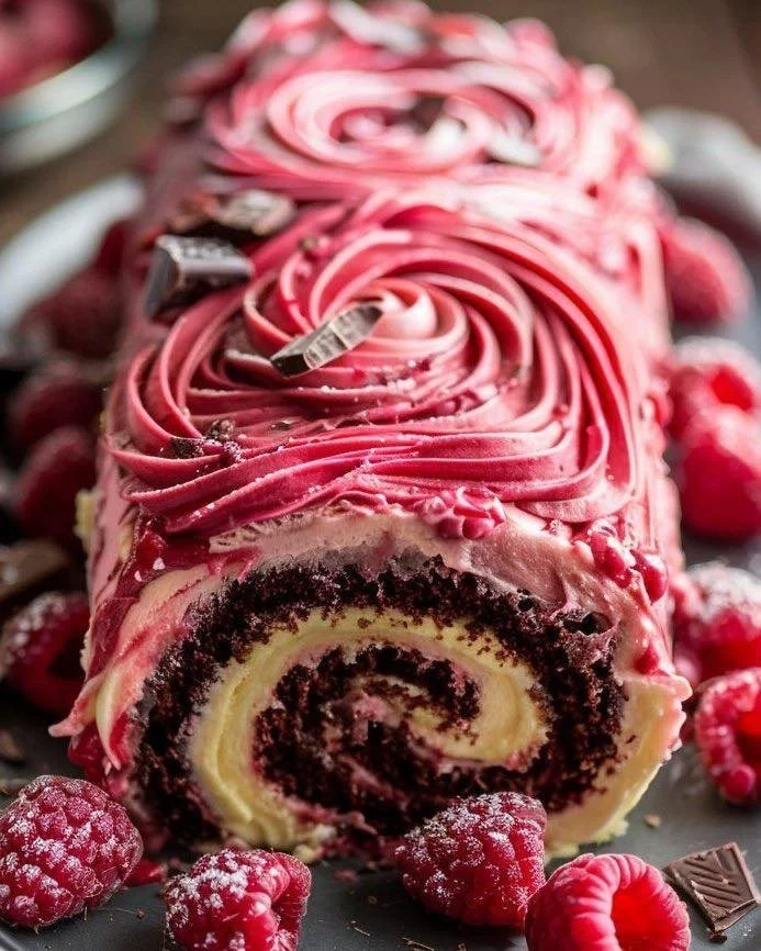 Raspberry White Chocolate Roll Cake with fresh raspberries and creamy topping
