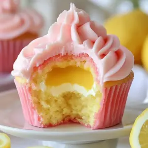 Delicious strawberry lemonade cupcakes topped with pink frosting and fresh strawberries