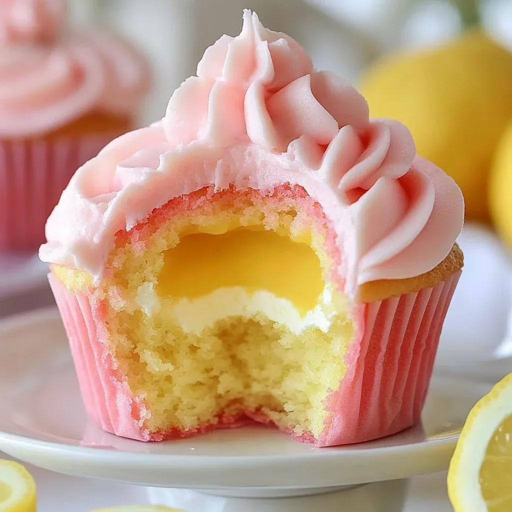 Delicious strawberry lemonade cupcakes topped with pink frosting and fresh strawberries