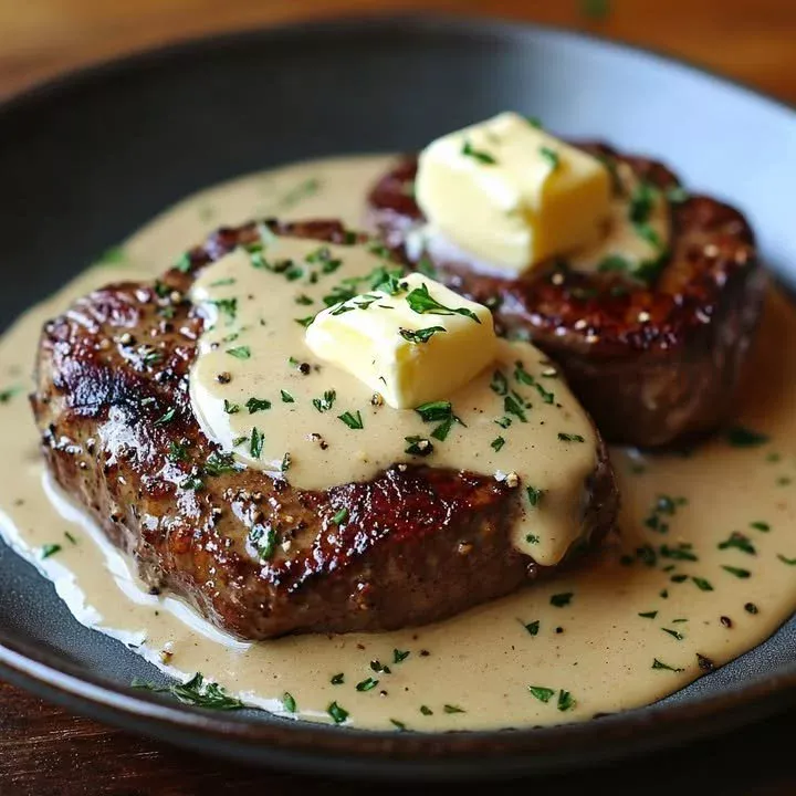 Ribeye steaks served with bourbon garlic cream sauce