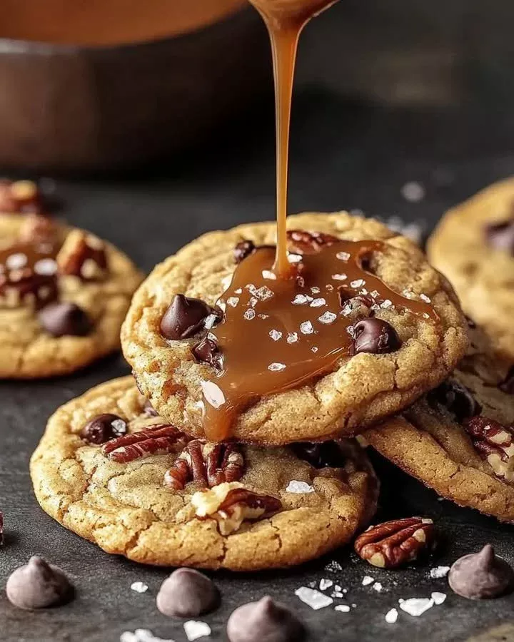 Delicious Salted Caramel Pecan Cookies with a sprinkle of sea salt
