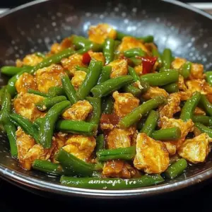 Silky egg ribbon dish with fresh green beans on a plate garnished with herbs