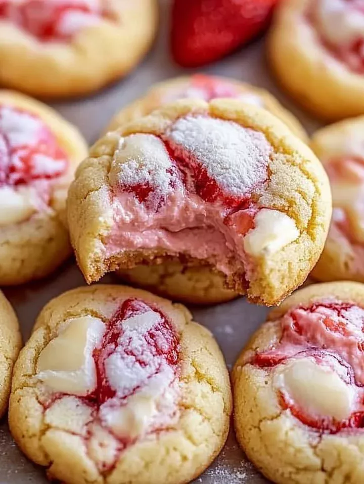 Silky strawberry cheesecake cookies with fresh strawberries and creamy texture