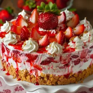 Delicious homemade simple strawberry cream cake topped with fresh strawberries