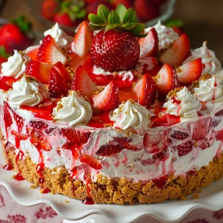 Delicious homemade simple strawberry cream cake topped with fresh strawberries