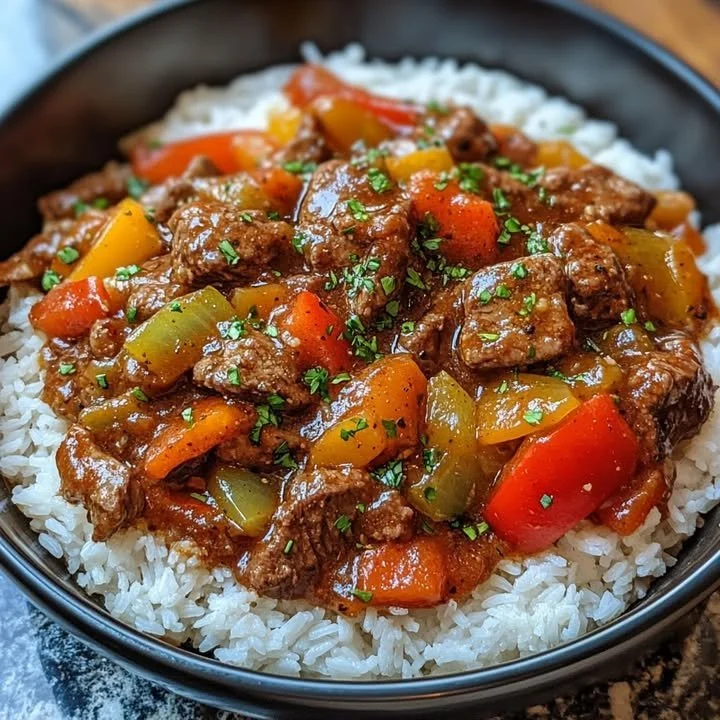 Delicious slow-cooked pepper steak served with fluffy white rice on a plate.