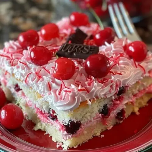 Sparkling Cherry Jubilee Sheet Cake topped with fresh cherries and whipped cream