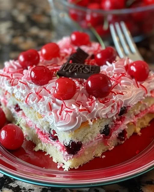 Sparkling Cherry Jubilee Sheet Cake topped with fresh cherries and whipped cream