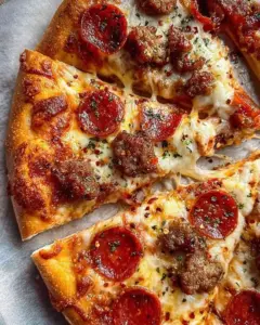 Slice of spicy pepperoni sausage pizza with melted cheese and fresh toppings