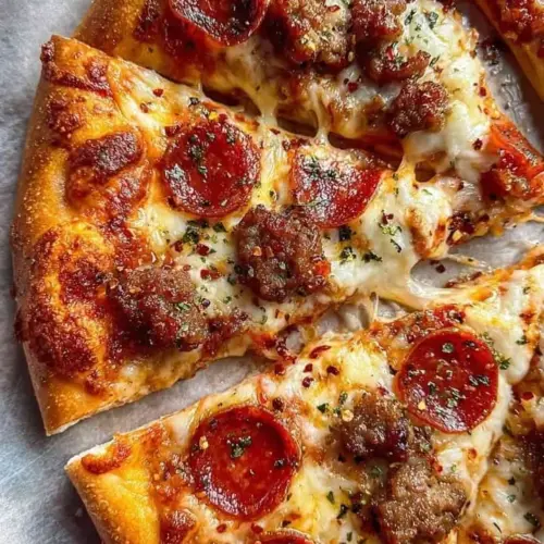 Slice of spicy pepperoni sausage pizza with melted cheese and fresh toppings