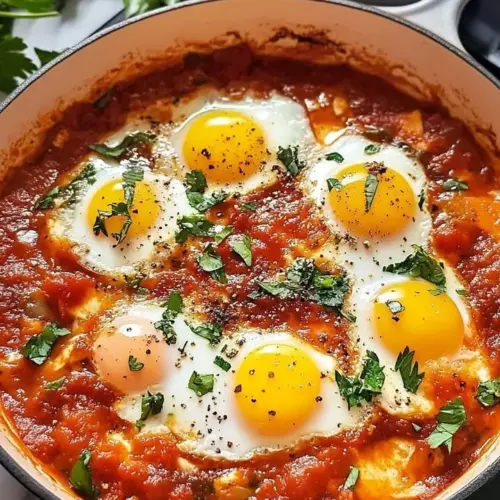 Plate of spicy tomato garlic eggs garnished with herbs.