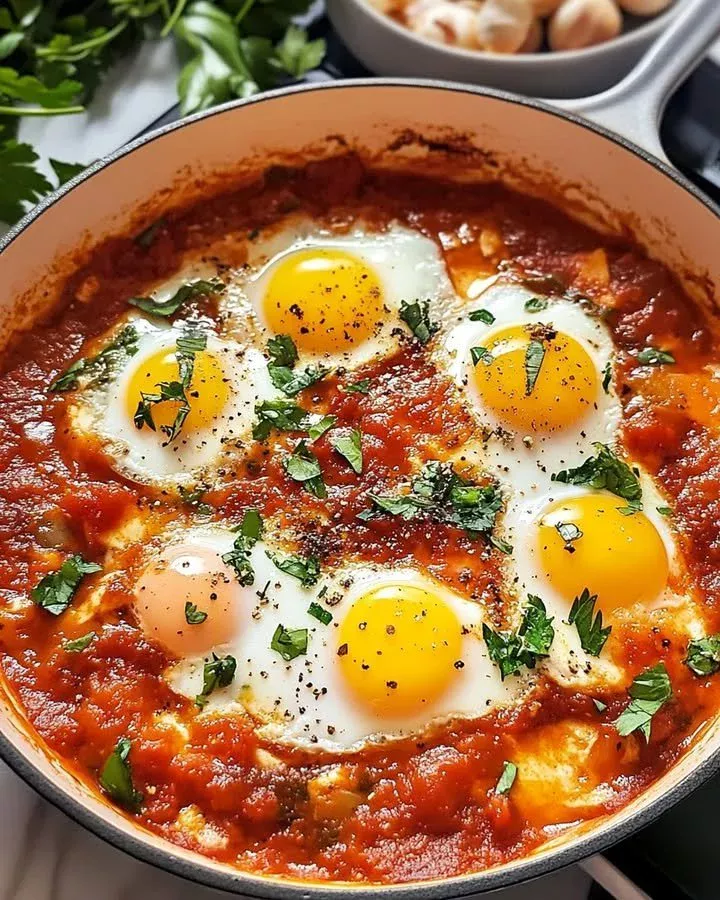 Plate of spicy tomato garlic eggs garnished with herbs.