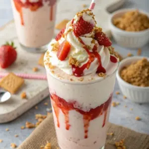 Delicious strawberry cheesecake shake topped with whipped cream and fresh strawberries