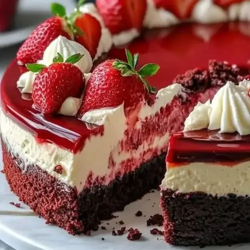 Delicious Strawberry Velvet Cheesecake topped with fresh strawberries
