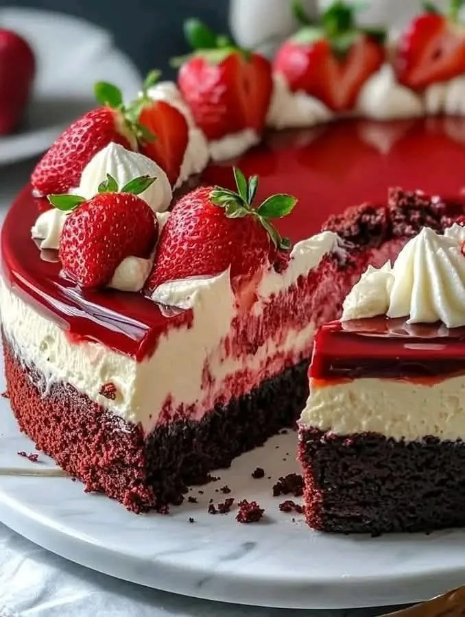Delicious Strawberry Velvet Cheesecake topped with fresh strawberries